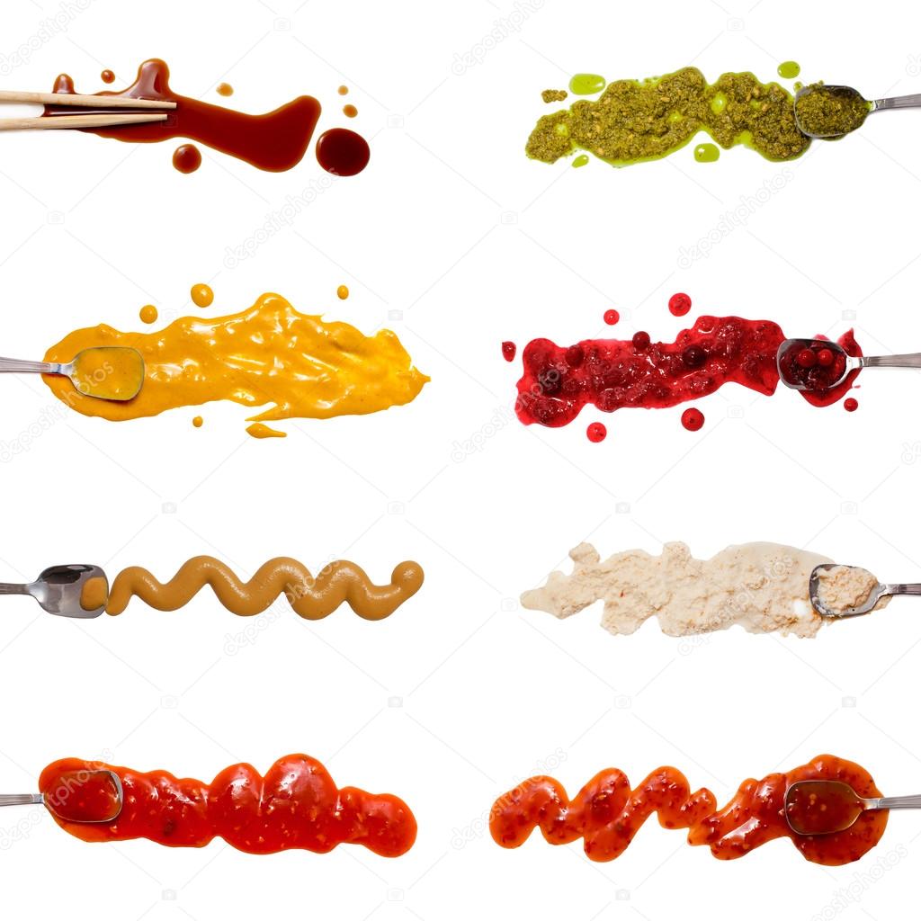 Set of 8 savory sauces and toppings isolated on white