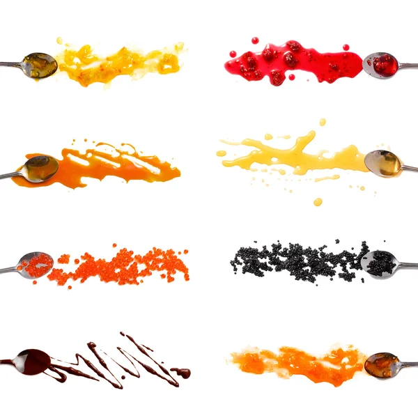 Set of 8 sauces and toppings isolated on white — Stock Photo, Image