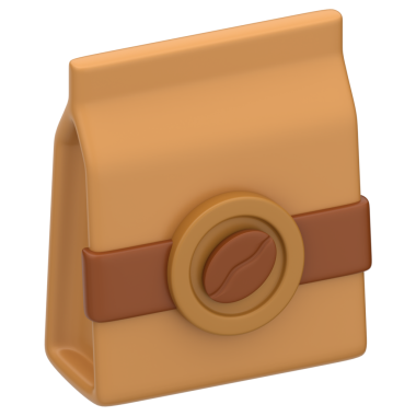 3 boyutlu kahve poşeti ambalaj ikonu. Şeffaf arkaplan içeren 3B kahve poşeti oluşturma simgesi.