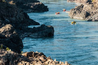 Dağ nehrinde rafting. Rusya, Altai manzarası. Turistli şişme tekneler