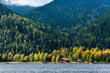 Gölün kıyısındaki ormanda bir ev. Güzel dağ manzarası, orman evleri