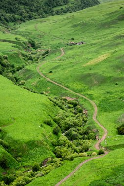 Yeşil tepeler arasındaki toprak yol. Yüksek noktadan panoramik görünüm.