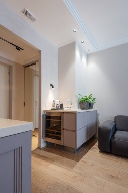 Kanepenin yanındaki modern gri şarap dolabı. Oturma odasının bir parçası..