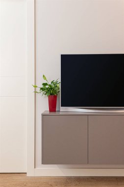 Modern oturma odasının içinde gri bir raf ve düz bir televizyon var..