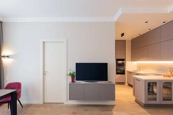 Interior Moderno Sala Estar Com Cozinha Canto Prateleira Porta Branca — Fotografia de Stock
