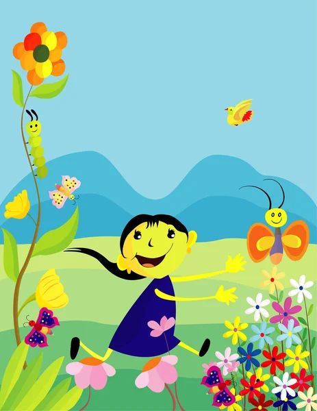 Girl in the garden with beautiful   butterflies, — Stock Vector