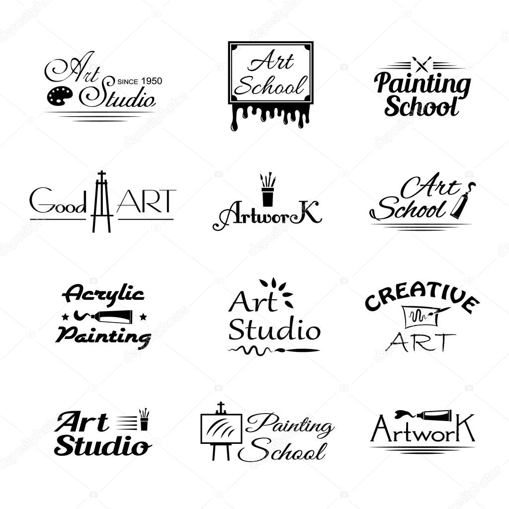 Set of vector art studio emblems. Painting icons isolated. Craft stamps illustration. Paint tools silhouette. Retro label. Badge and emblems. Artwork school sticker. Creative tag.