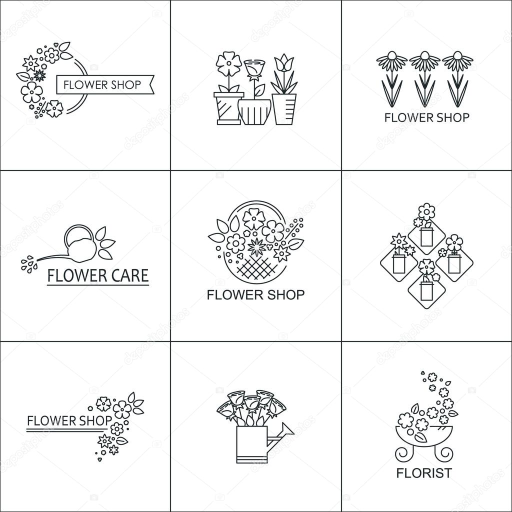 Set of vector flower shop logo. Business sign. Floral label. Plant emblem. Brand identity concept. Nature line style stamp. Boutique or spa design isolated