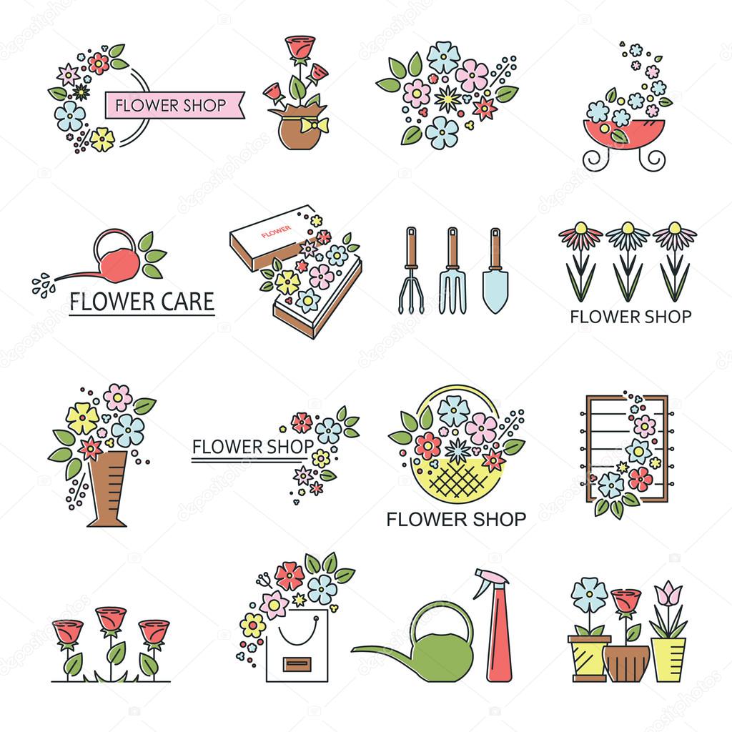 Set of vector flower shop icons. Business sign. Floral label. Plant emblem. Brand identity concept. Nature line style stamp. Boutique or spa design isolated