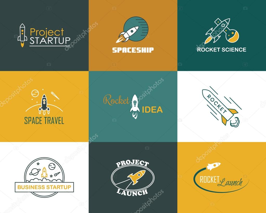 Vector rocket design logo set isolated. Space icons illustration. Emblem concept sign. Start up idea. Business or travel elements. Graphic line cartoon style. Success badge