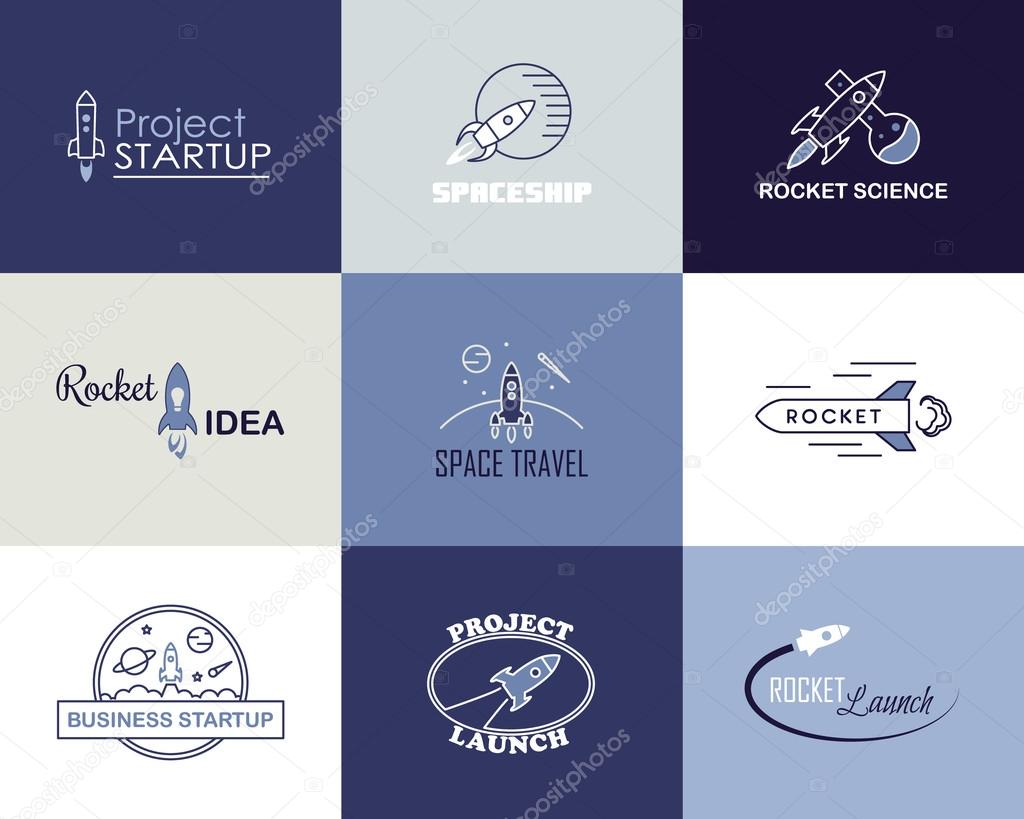 Vector rocket design logo set isolated. Space icons illustration. Emblem concept sign. Start up idea. Business or travel elements. Graphic line cartoon style. Success badge