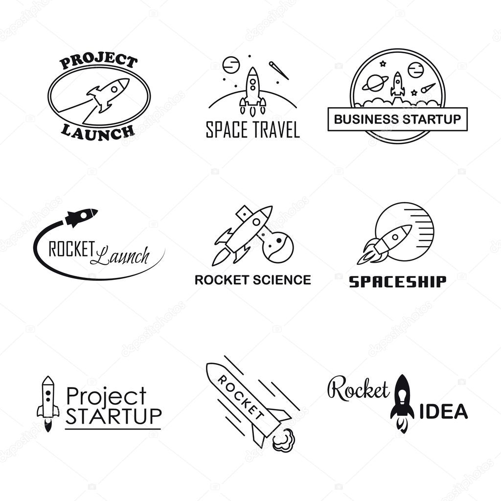 Vector rocket design logo set isolated. Space icons illustration. Emblem concept sign. Start up idea. Business or travel elements. Graphic line cartoon style. Success badge