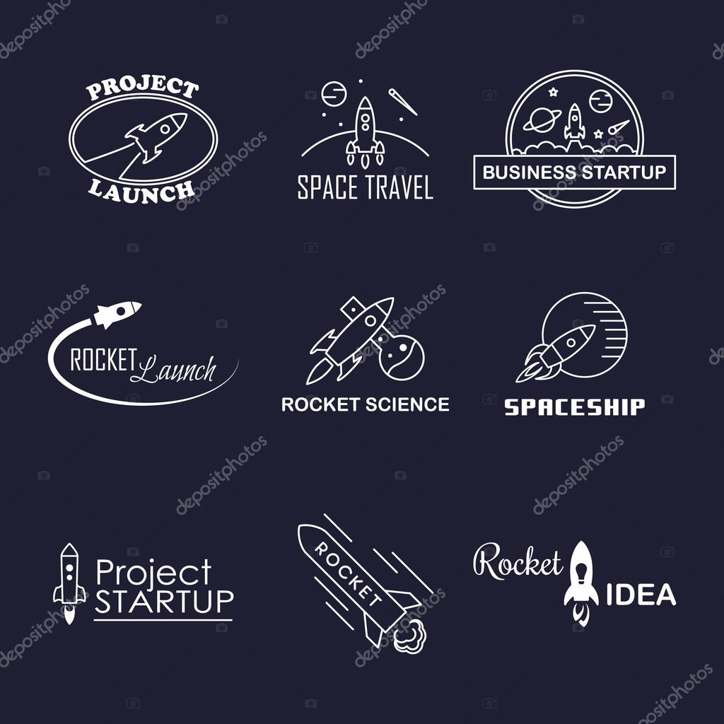 Vector rocket design logo set isolated. Space icons illustration. Emblem concept sign. Start up idea. Business or travel elements. Graphic line cartoon style. Success badge