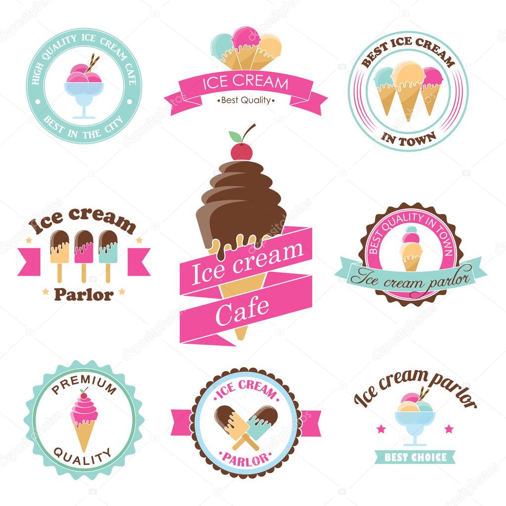 Vector ice cream stamps. Frozen sweets labels. Summer dessert shop design. Sorbet emblem. Premium quality