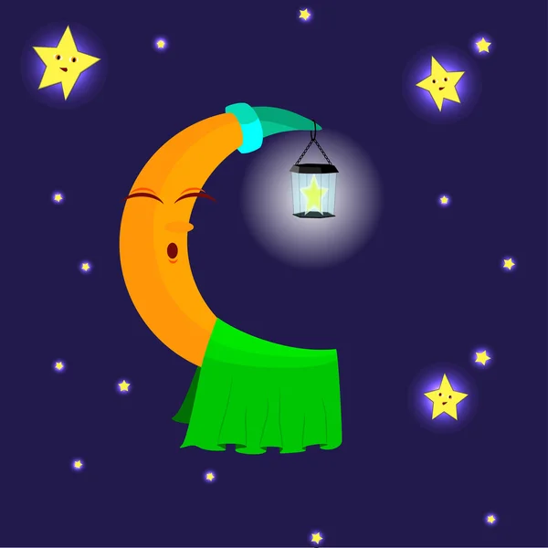 Illustrazione della luna dei cartoni animati addormentati nel cielo — Vettoriale Stock
