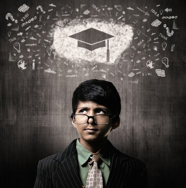 Genius Little Boy Wearing Glasses, Thinking Gradution Cap