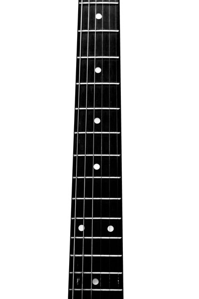 Guitar neck with strings closeup isolated on white
