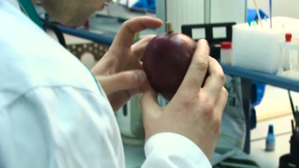 L'homme en manteau blanc fait les contrôles d'examen de repas Mangue contrôle des aliments — Video