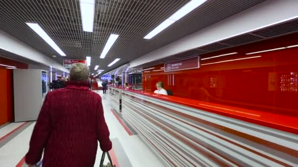 在走廊的火车乘客站机场行驶 Stedicam 人民 — 图库视频影像