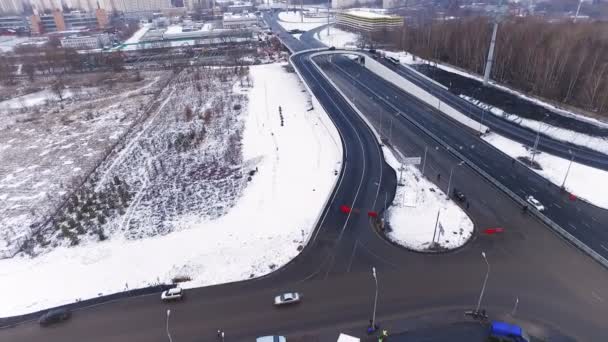 Aerial View of Moscow Road Junction Highway Cars Trafic Spring Autumn — Stock Video