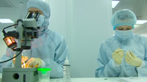 Dois cientistas trabalhando em um projeto de pesquisa na mesa com microscópios. Estéril. Fecha. Vista frontal — Vídeo de Stock
