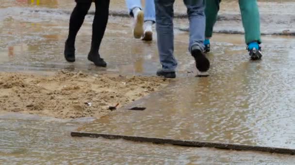 Gambe di ragazza in nero. Giornata della pioggia in città. La gente va sotto la pioggia. Piedi della gente — Video Stock