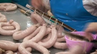 Mavi önlüklü işçiler. Ziraat kompleksindeki metal çubuklarda sosis topluyorum.