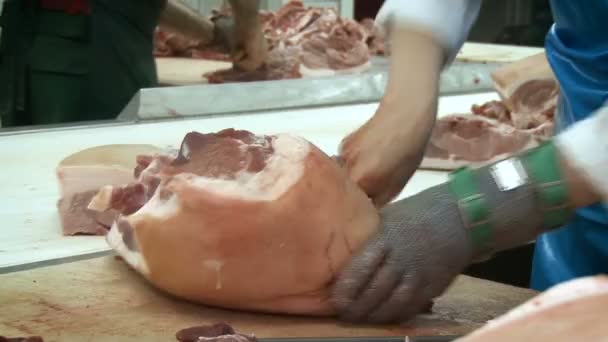 La gente trabaja en el matadero. Un hombre corta grandes trozos de cerdo y lo pone en una cinta transportadora — Vídeo de stock