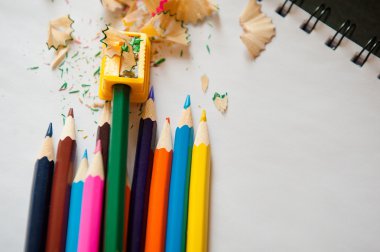 renkli kurşun kalem, kalemtıraş ve talaşı bilenmiş