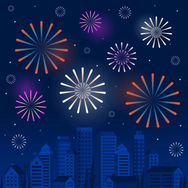 Fuegos Artificiales Ciudad Feliz Año Nuevo Tarjeta Felicitación Vacaciones Fondo — Vector de stock