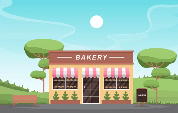 Escaparate Panadería Tienda Alimentos Fachada Calle Dibujos Animados Ilustración — Archivo Imágenes Vectoriales