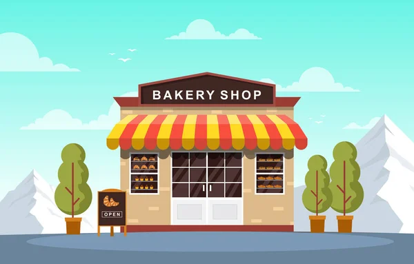 Escaparate Panadería Tienda Alimentos Fachada Calle Dibujos Animados Ilustración — Archivo Imágenes Vectoriales
