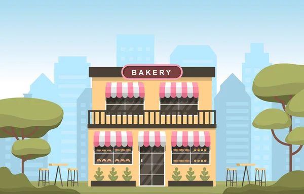 Showcase Bakery Shop Casa Food Store Fachada Cartoon Ilustração — Vetor de Stock