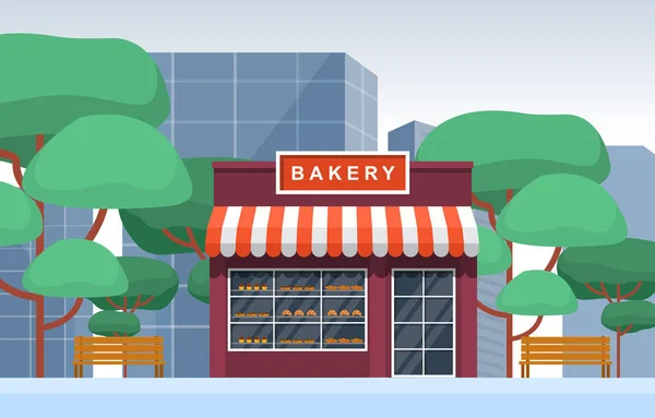 Showcase Panadería Tienda Alimentos Fachada Ciudad Dibujos Animados Ilustración — Archivo Imágenes Vectoriales