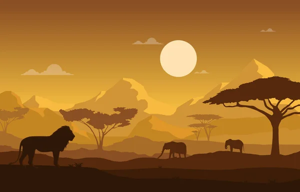 Leeuw Olifant Dierlijke Savanne Landschap Afrika Wildlife Illustratie — Stockvector