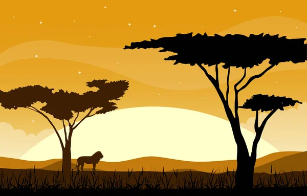 Lion Tree Ζώο Savanna Τοπίο Αφρική Άγρια Ζωή Εικονογράφηση — Διανυσματικό Αρχείο