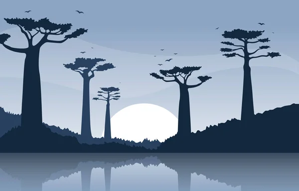 Baobab Árbol Con Oasis Savanna Paisaje África Wildlife Illustration — Vector de stock