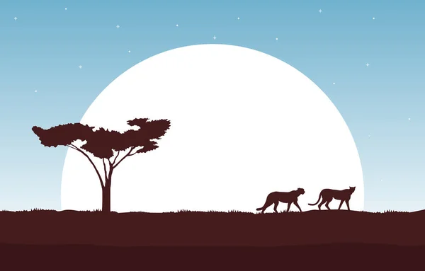 Cheetah Big Sun Animal Savanna Landscape Africa Wildlife Illustration — Vector de stock