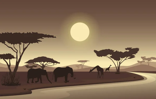 Oaza Żyrafy Oaza Słoni Zwierząt Savanna Krajobraz Afryki Wildlife Illustration — Wektor stockowy