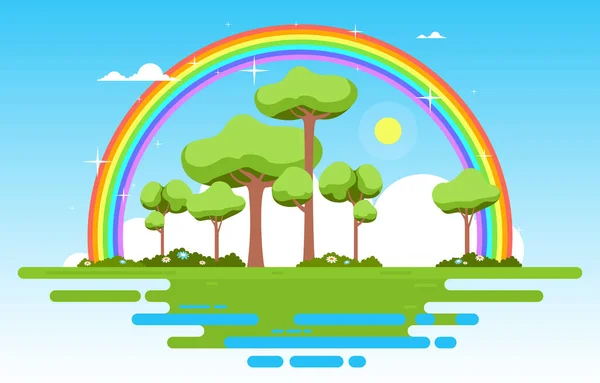 Beautiful Floating Landscape Rainbow Summer Nature Illustration