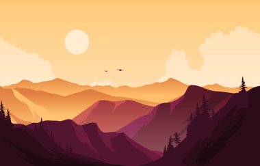 Güzel Çam Ormanı Dağ Panorama Manzarası Düz Çizim