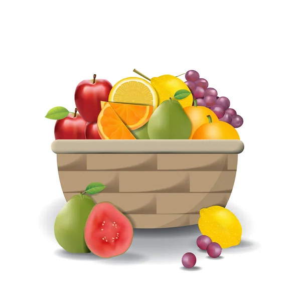 Realistic Natural Fresh Fruits Basket Summer Isolated Vector Illustration — Vetor de Stock