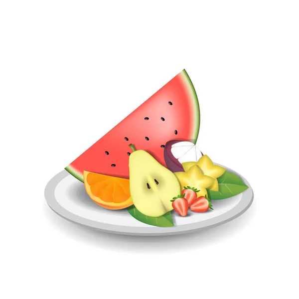 Realistic Natural Fresh Fruits Plate Summer Isolated Vector Illustration - Stok Vektor