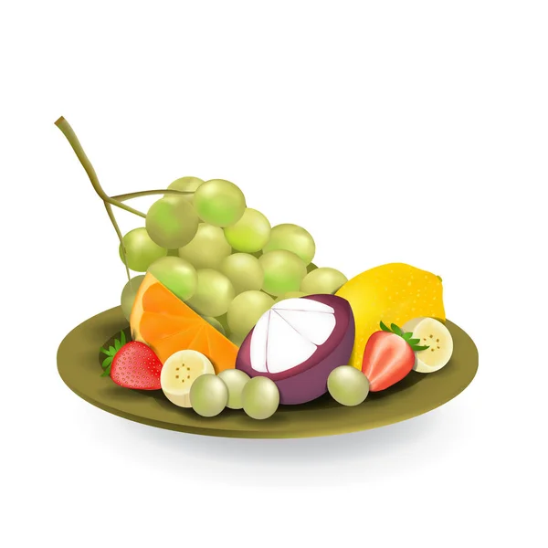 Realistic Natural Fresh Fruits Plate Summer Isolated Vector Illustration — Stock vektor