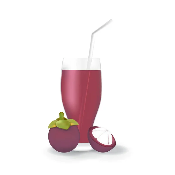 Realistische Mangosteen Fruitsap Glasstro Gezonde Organische Drank Illustratie — Stockvector