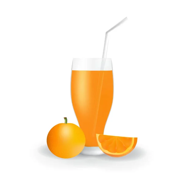 Jus Fruits Orange Réaliste Paille Verre Illustration Boisson Biologique Saine — Image vectorielle