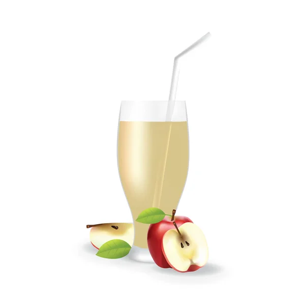 Jugo Fruta Manzana Realista Paja Vidrio Saludable Bebida Orgánica Ilustración — Vector de stock