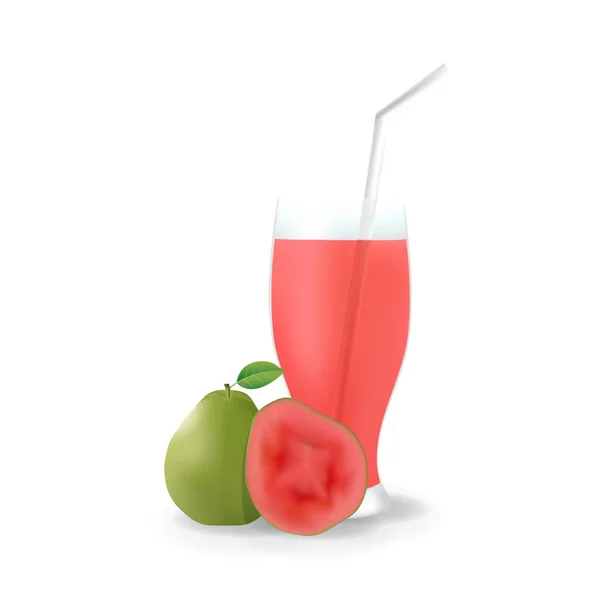 Realistiska Guava Frukt Juice Glas Halm Friska Ekologisk Dricka Illustration — Stock vektor