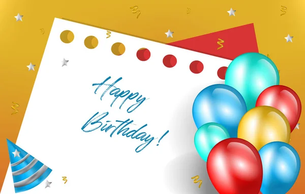 Happy Birthday Card Invitation Celebration Balloon Paper Note Background — Stock Vector