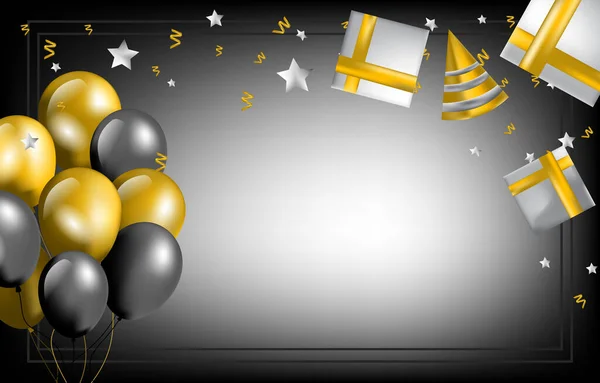 Happy Birthday Card Invitation Celebration Balloon Golden Black Background — Stock Vector